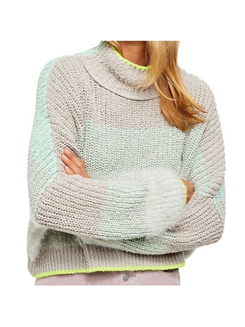 Free People Sunbrite Mock Neck Cropped Sweater Colorblock Boho Knit